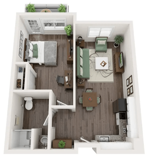 Floor plan for 1 bed, 1 bath, 584 sqft
